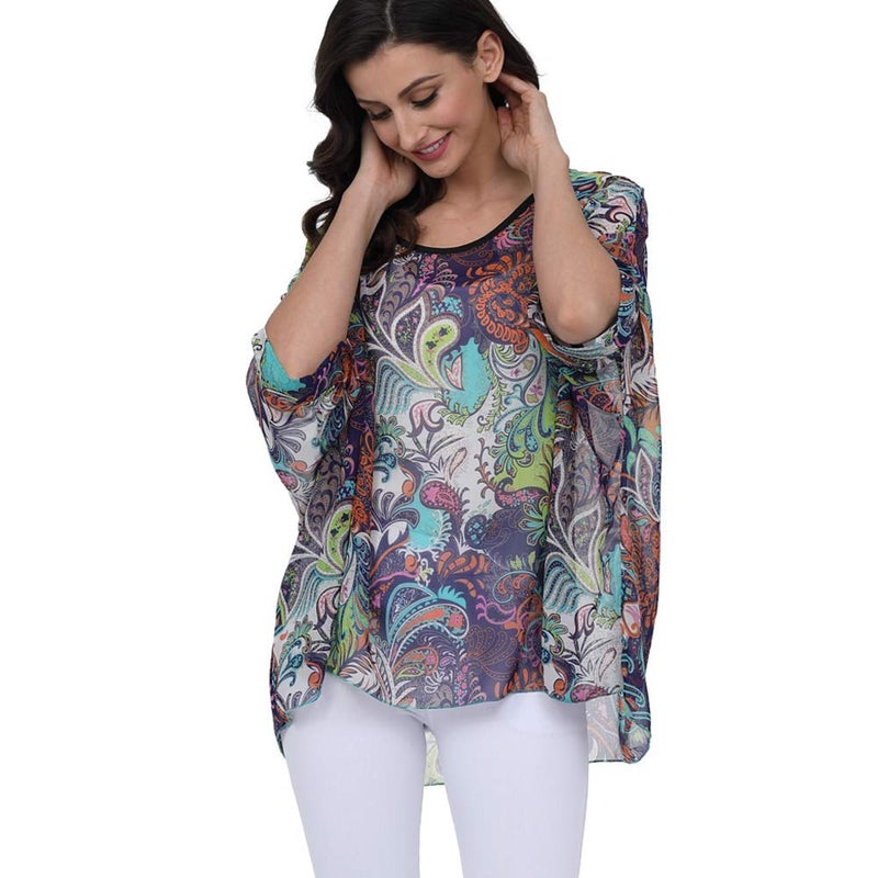 Ckikiou Plus Size Batwing Flowy Semi Sheer Chiffon Blouse Tunic for Women Summer Floral Print Boho Beach Cover ups - Image 1